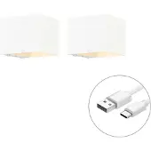 QAZQA Sett med 2 vegglamper hvit med dimmer oppladbar - Joris