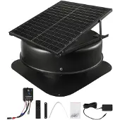 Vevor Takloftsavtrekksvifte, 50W smart solcelledrevet takventilasjonsvifte med termostat, fjernkontroll, 3000 CFM luftstrøm innebygd røyksensor med automatisk stopp for kjøling og avfukting
