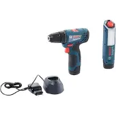 Bosch GSR 120-LI batteridrill 12 V 30/14 Nm, 2x2Ah + GLI 12V-300 lampe + koffert