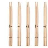 Gear4Music 7A Wood Tip Hickory Drumsticks 5 Pack