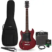 Gear4Music Brooklyn Venstrehendt Elektrisk Gitar + 15W Forsterkerpakke Rød