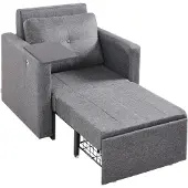 Vevor sovesofa, konvertibel sovesofa med sidelomme, pute, armlener og skrivebordsbrett, 5 justerbare rygglener, uttrekkbar enkel sovesofa med 2 hjul og oppbevaring i bunnen, grå
