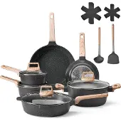 Vevor 17-delers gryte- og pannesett med nonstick-belegg, granitt kokekarsett, induksjonskokekar, kjøkken RV-kokekarsett med steking, saus, sauté, herdet glasslokk og pannebeskyttere, svart