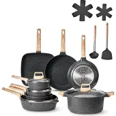 Vevor 19-delers gryte- og pannesett, granitt nonstick kokekarsett, induksjonskokekar, kjøkken RV-kokekarsett med steking, saus, sauté, herdet glasslokk og pannebeskyttere, svart
