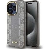 DKNY MagSafe iPhone 15 Pro-etui i skinn med rutete ensfarget mønster - Beige