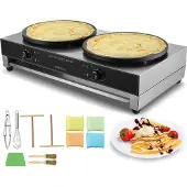 Vevor elektrisk crêpe-maskin, 16-tommers kommersiell crêpe-maskin med dobbelt hode, 6000 W flat plate for crêpe, pannekakelaging i rustfritt stål med slippbelegg, rund pannekakeovn for frokostblanding