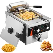 Vevor Kommersiell Frityrkoker, 1750W Elektrisk Benkeplatefrityrkoker med Kurv, 9Qt /8,5 L Enkel Oljefrityrkoker, 1mm Tykt Rustfritt Stål, Tids- og Temperaturkontroll, For Kjøkkenrestaurantbruk, Sølv