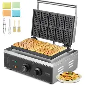 Vevor kommersiell vaffeljern, 10 stk. rektangulær vaffelbakemaskin, 1550 W non-stick rustfritt stål belgisk vaffeljern med temperatur- og tidskontroll, håndtak, for restaurant, bakeri, snackbarfamilie