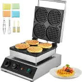 Vevor kommersiell vaffeljern, 4 stk. rund vaffeljern, 1750 W non-stick belgisk vaffeljern i rustfritt stål med temperatur- og tidskontroll, for restaurant, bakeri, snackbar, familie