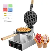 Vevor kommersiell boblevaffelmaskin, 1400W eggpannekakebakemaskin, non-stick eggboblepuff i rustfritt stål, 180° roterbar, temperatur- og tidskontroll, trehåndtak, for restaurant, bakeri, snackbar