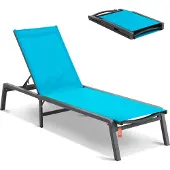 Vevor Sjeselongstol utendørs, aluminiums terrassestol med justerbar 5-posisjoner, sammenleggbar bassengstol lenestol og helt flat solseng for terrasse, strand, basseng, blå