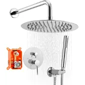 Vevor dusjkransett, regndusjsystem for bad med 10-tommers (25,4 cm) rundt regndusjhode og håndholdt spray, veggmonterte badekararmaturer med messingventil og pyntesett, sølvkrom
