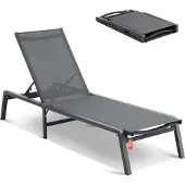 Vevor Sjeselongstol utendørs, aluminiums terrassestol med justerbar 5-posisjoner, sammenleggbar bassengstol lenestol og helt flat solseng for terrasse, strand, basseng, mørkegrå
