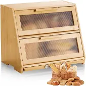 Vevor dobbeltlags brødboks for kjøkkenbenk, stor kapasitet bambus brødoppbevaringsbeholder, gårdshus trebrødboks for hjemmelaget brød, oppbevaringsboks med akryl bølget dørpanel, naturlig