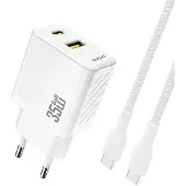 Dudao Vegglader PD QC 35W med USB og USB-C + USB-C-kabel - hvit