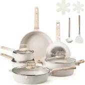 Vevor 17-delers gryte- og pannesett, granitt nonstick kokekarsett, induksjonskokekar, kjøkken RV-kokekarsett med steking, saus, sauté, herdet glasslokk og pannebeskyttere, hvit