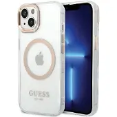 GUESS MagSafe-etui med metallkonturer for iPhone 15 Plus / 14 Plus - gull