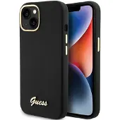 GUESS Silikon Script Metal Logo & Frame-etui for iPhone 15 - svart