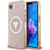 GUESS IML Metall Glitter 4G Circle Triangle MagSafe-etui for iPhone 16e - rosa