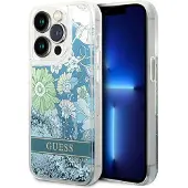 GUESS Flower Liquid Glitter-etui for iPhone 14 Pro Max - grønn