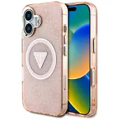 GUESS IML Metall Glitter 4G Circle Triangle MagSafe-etui for iPhone 16 - rosa