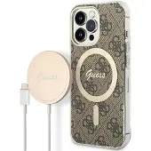 GUESS lader veske + trådløs lader GUBPP13LH4EACSW Apple iPhone 13 Pro brun/brun hard veske 4G Print MagSafe