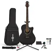 Gear4Music Roundback Akustisk Gitar Komplett Spillerpakke fra Svart