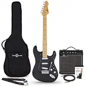 Gear4Music LA Select Elektrisk Gitar Svart 15W Gitarforsterker & Tilbehørspakke