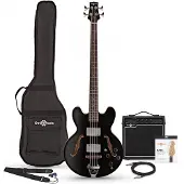 Gear4Music San Francisco Semi-Akustisk Bassgitar + SubZero V15B Forsterkerpakke Svart
