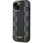 DKNY MagSafe-etui i skinn med rutete ensfarget mønster for iPhone 15/14/13 - Svart