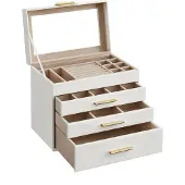 Songmics Smykkeskrin med glasslokk og 3 skuffer - Hvit/Gull