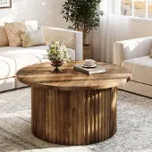 24.Se Rundt salongbord Ø80cm / stuebord / brunt sofabord i tre med rillet design