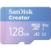 SanDisk Creator - Flashminnekort (microSDXC til SD-adapter inkludert) - 128 GB - A2 / Video Class V30 / UHS-I U3 - microSDXC UHS-I