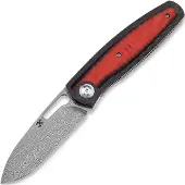 Kansept Knives Mato Damascus foldekniv, Twill CF/Red and Black G-10