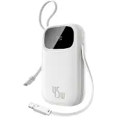 Baseus EnerFill FC31 20000mAh 45W Powerbank with Digital Display and 2 Built-in Cables (USB-C + Lightning) - White - 20000 mAh