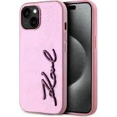 Karl Lagerfeld Wrinled Metal Signature iPhone 15-etui - rosa