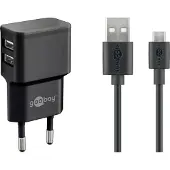 Goobay Dual Micro USB charger set - Strømadapter - 12 watt - 2.4 A - 2 utgangskontakter (USB) - på kabel: Micro-USB - svart