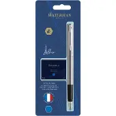 Waterman Allure Stainless Steel Fountain pen F Blue ink + ink refills 6-Pack