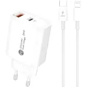Hurtel Hurtiglader 20 W med USB-C og USB-A + Lightning-kabel – Hvit
