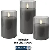 Goobay Sett med 3 LED-stearinlys i voks i et glass, grå-transparent, inkl. 10x AAA (LR03)