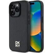 DKNY MagSafe iPhone 16 Pro-etui med gjentatt mønster og stablelogo - svart