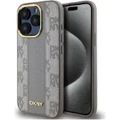 DKNY MagSafe iPhone 15 Pro-etui i skinn med rutete ensfarget mønster - Beige