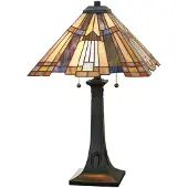 QUOIZEL Bordlampe Inglenook med fargerikt glass, høyde 64 cm