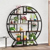 24hShop Rund bokhylle brun / svart / hylle i industriell design / oppbevaringshylle med åpne hyller