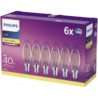 Philips - LED-filamentlyspære - form: B35 - klar finish - E14 - 4 W (ekvivalent 40 W) - klasse F - varmt hvitt lys - 2700 K (en pakke 6)