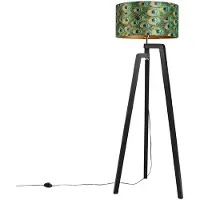 QAZQA Gulvlampe stativ svart med skjerm påfugl design 50 cm - Puros