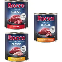 Rocco Classic prøvemiks 6 x 800 g - Fjærkre-Mix: Storfe/Kylling, Storfe/Kyllinghjerter, Storfe/Kalkun