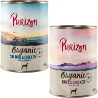Purizon økologisk 6 x 400 g - Mixpaket: 3 x øko-And med øko-kylling, 3 x øko-Laks med øko-kylling