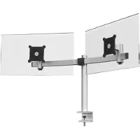 Durable Skjermholder for 2 skjermer med justerbar høyde, vinkel og stående eller liggende posisjon. Med bordfeste.