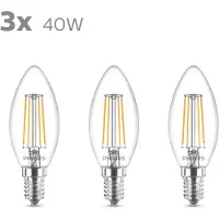 Philips LED-mignonpære E14 B35 4,3 W klar 3-pakke